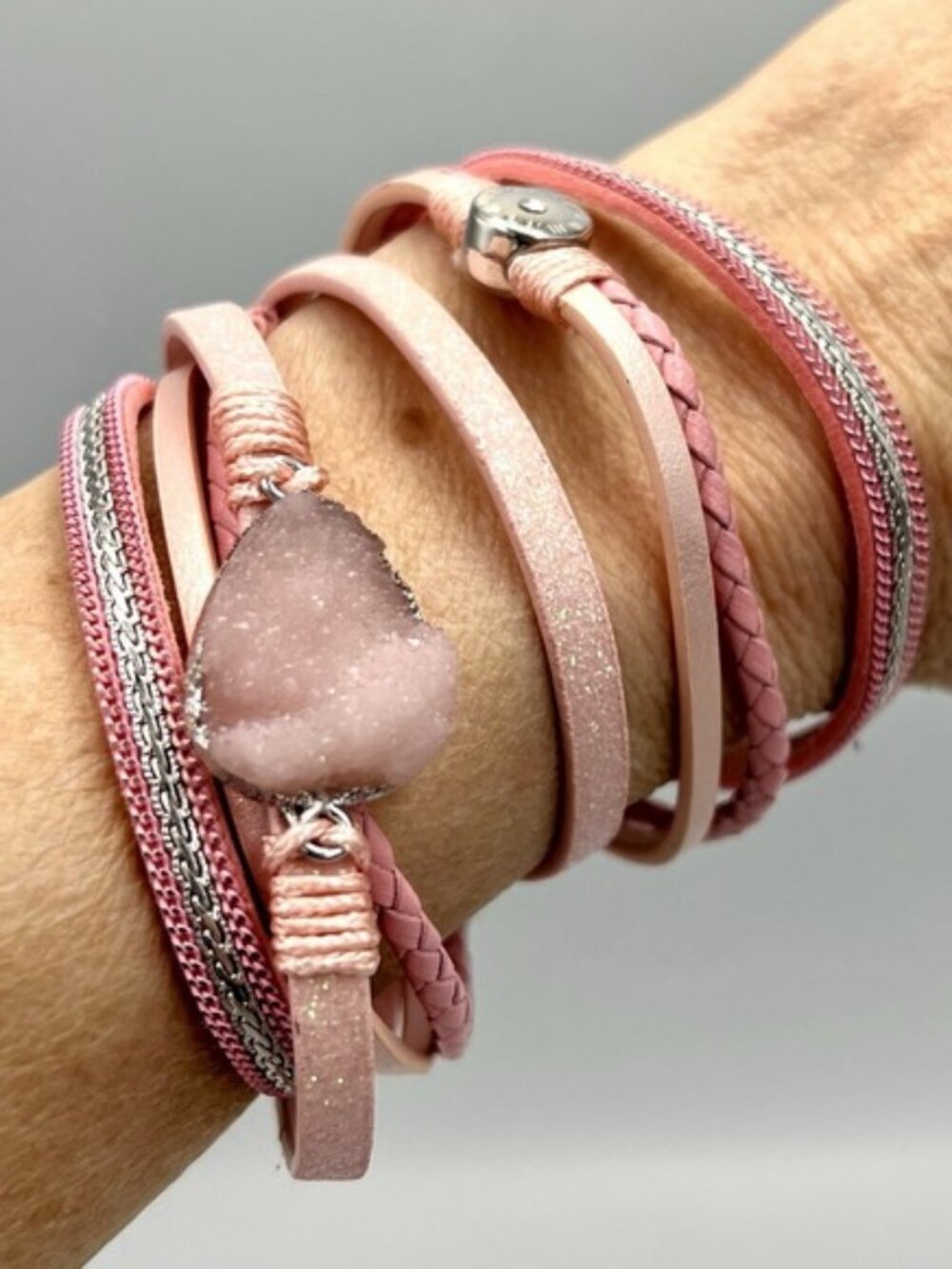 Multi-strand leather wrap bracelet pink Druzy‎ magnetic clasp